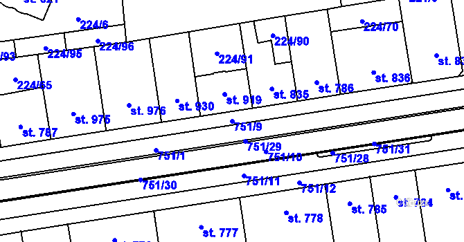 Parcela st. 751/9 v KÚ Mariánské Hory, Katastrální mapa