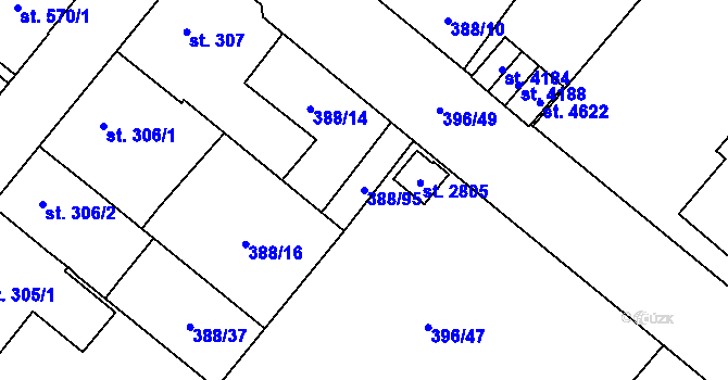 Parcela st. 388/95 v KÚ Zábřeh-Hulváky, Katastrální mapa