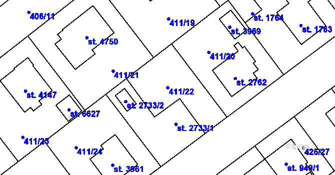 Parcela st. 411/22 v KÚ Zábřeh nad Odrou, Katastrální mapa