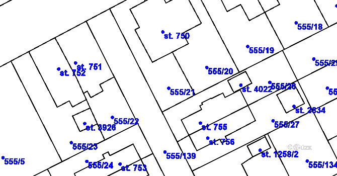 Parcela st. 555/21 v KÚ Zábřeh nad Odrou, Katastrální mapa