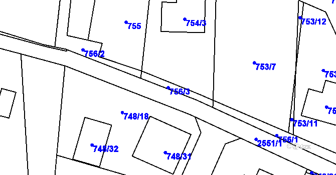 Parcela st. 756/3 v KÚ Hrabová, Katastrální mapa