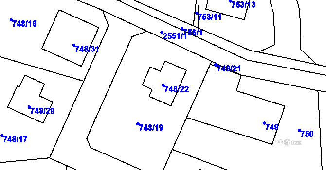 Parcela st. 748/22 v KÚ Hrabová, Katastrální mapa