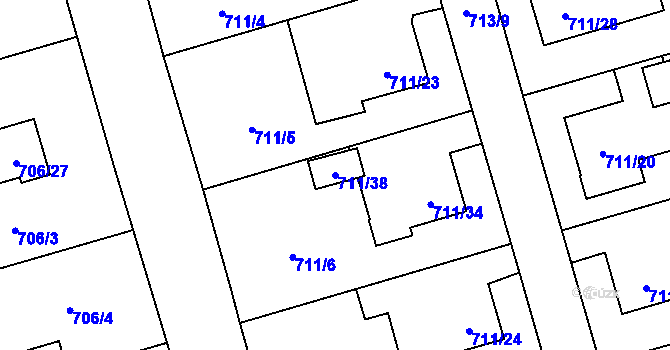 Parcela st. 711/38 v KÚ Hrabová, Katastrální mapa