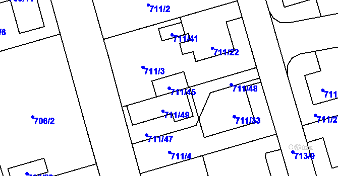 Parcela st. 711/45 v KÚ Hrabová, Katastrální mapa
