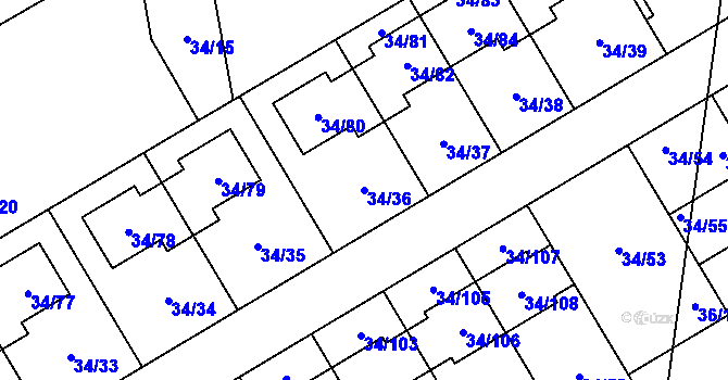 Parcela st. 34/36 v KÚ Hrabová, Katastrální mapa