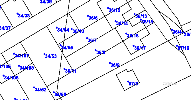 Parcela st. 36/8 v KÚ Hrabová, Katastrální mapa