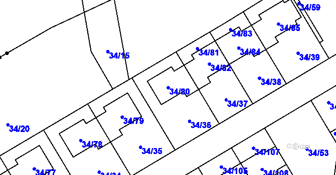 Parcela st. 34/80 v KÚ Hrabová, Katastrální mapa