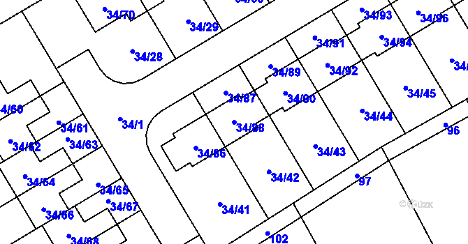 Parcela st. 34/88 v KÚ Hrabová, Katastrální mapa