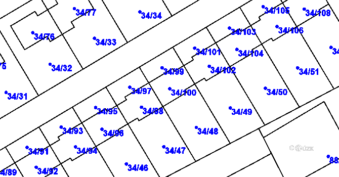 Parcela st. 34/100 v KÚ Hrabová, Katastrální mapa