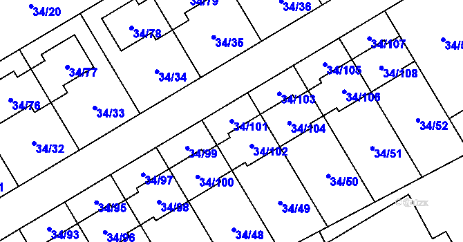 Parcela st. 34/101 v KÚ Hrabová, Katastrální mapa