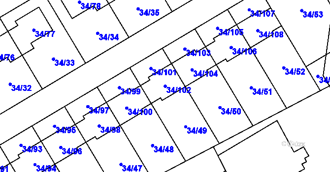 Parcela st. 34/102 v KÚ Hrabová, Katastrální mapa