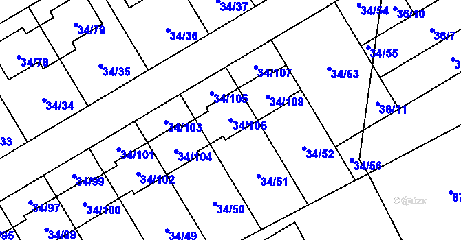 Parcela st. 34/106 v KÚ Hrabová, Katastrální mapa