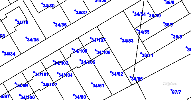 Parcela st. 34/108 v KÚ Hrabová, Katastrální mapa