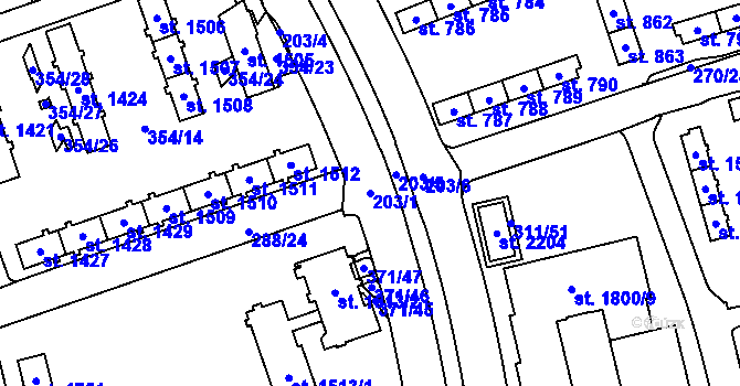 Parcela st. 203/1 v KÚ Hrabůvka, Katastrální mapa