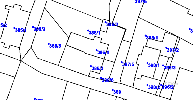 Parcela st. 386/1 v KÚ Slezská Ostrava, Katastrální mapa