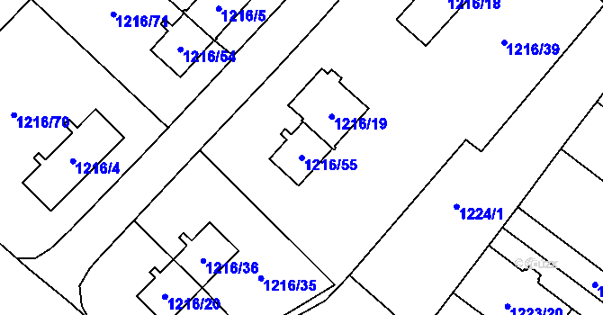 Parcela st. 1216/55 v KÚ Hrušov, Katastrální mapa