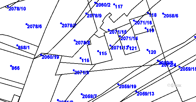 Parcela st. 115 v KÚ Hrušov, Katastrální mapa