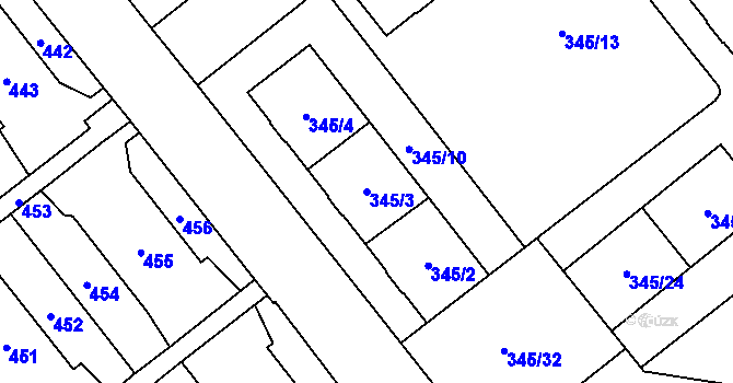 Parcela st. 345/3 v KÚ Hrušov, Katastrální mapa