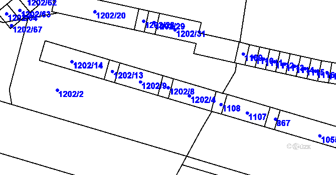 Parcela st. 1202/8 v KÚ Hrušov, Katastrální mapa