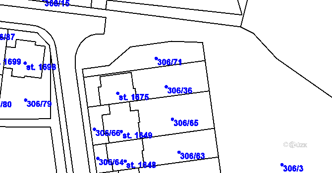 Parcela st. 306/36 v KÚ Muglinov, Katastrální mapa