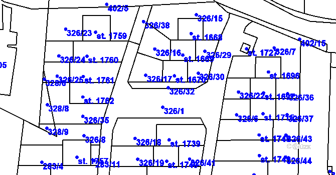 Parcela st. 326/32 v KÚ Muglinov, Katastrální mapa