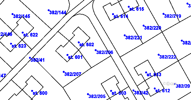 Parcela st. 382/206 v KÚ Muglinov, Katastrální mapa