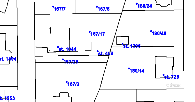 Parcela st. 458 v KÚ Muglinov, Katastrální mapa