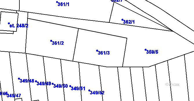 Parcela st. 361/3 v KÚ Muglinov, Katastrální mapa