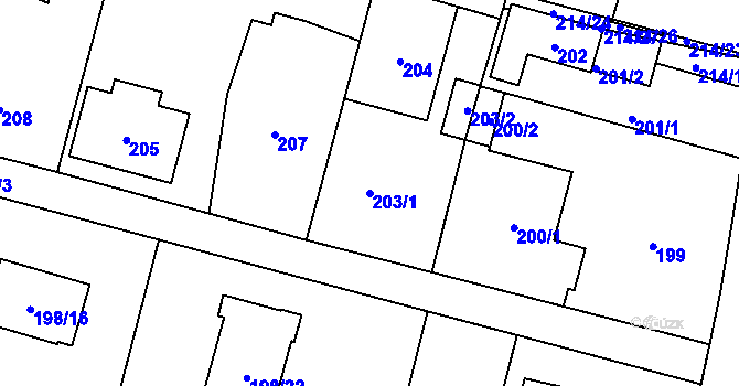 Parcela st. 203/1 v KÚ Radvanice, Katastrální mapa