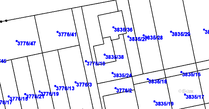 Parcela st. 3835/38 v KÚ Pustkovec, Katastrální mapa