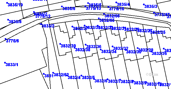 Parcela st. 3832/36 v KÚ Pustkovec, Katastrální mapa