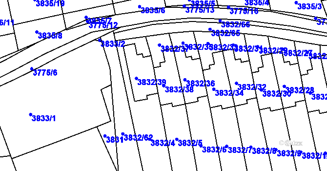 Parcela st. 3832/38 v KÚ Pustkovec, Katastrální mapa
