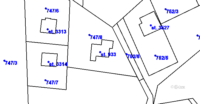 Parcela st. 933 v KÚ Staré Hamry 2, Katastrální mapa