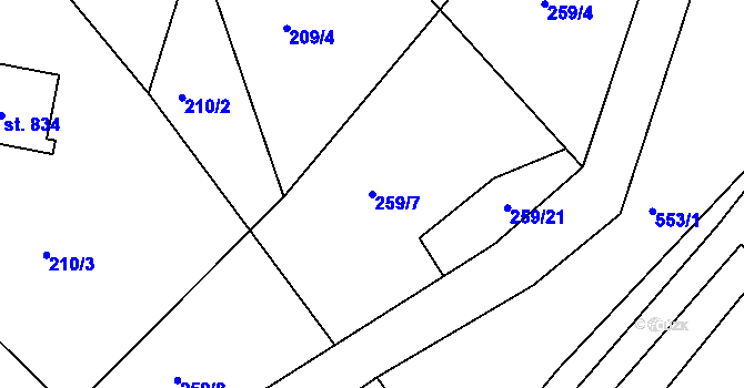 Parcela st. 259/7 v KÚ Staré Hamry 2, Katastrální mapa