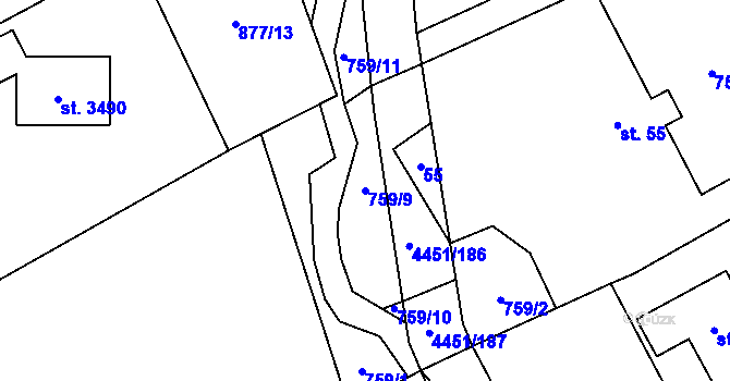 Parcela st. 759/9 v KÚ Ostravice 1, Katastrální mapa