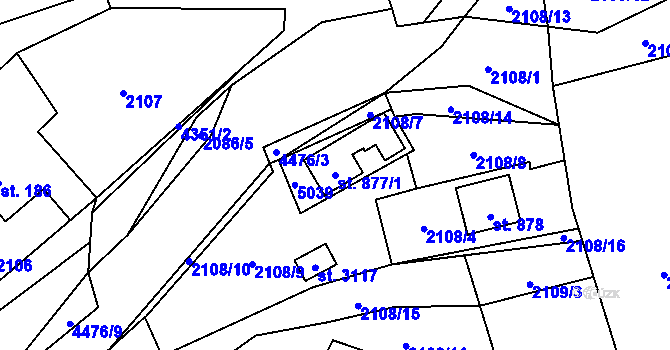 Parcela st. 877/1 v KÚ Ostravice 1, Katastrální mapa