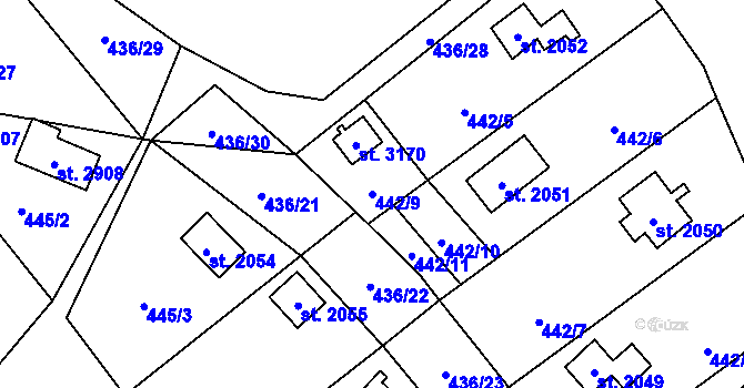 Parcela st. 442/9 v KÚ Ostravice 1, Katastrální mapa