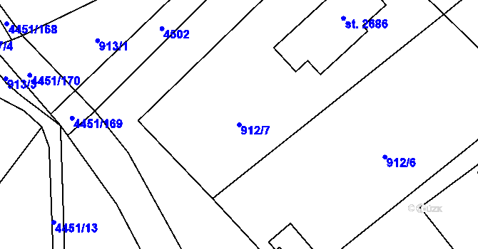 Parcela st. 912/7 v KÚ Ostravice 1, Katastrální mapa
