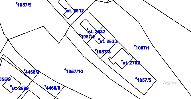 Parcela st. 1057/3 v KÚ Ostravice 1, Katastrální mapa