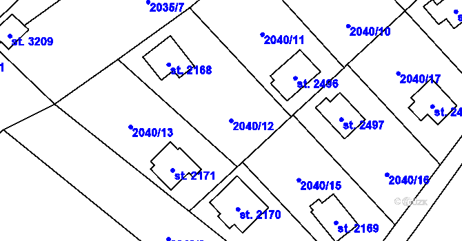 Parcela st. 2040/12 v KÚ Ostravice 1, Katastrální mapa