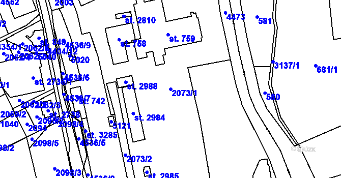 Parcela st. 2073/1 v KÚ Ostravice 1, Katastrální mapa