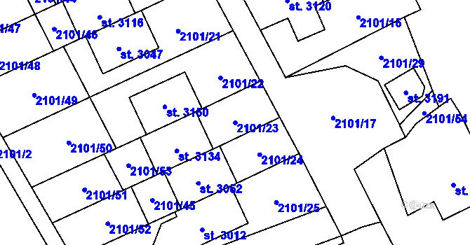 Parcela st. 2101/23 v KÚ Ostravice 1, Katastrální mapa