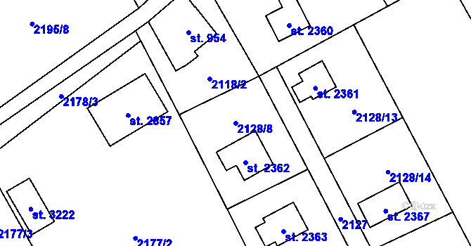 Parcela st. 2128/8 v KÚ Ostravice 1, Katastrální mapa