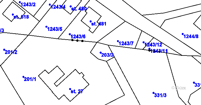 Parcela st. 203/2 v KÚ Ostravice 1, Katastrální mapa