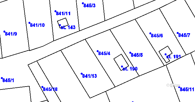 Parcela st. 845/4 v KÚ Mořičov, Katastrální mapa
