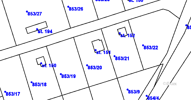 Parcela st. 151 v KÚ Mořičov, Katastrální mapa