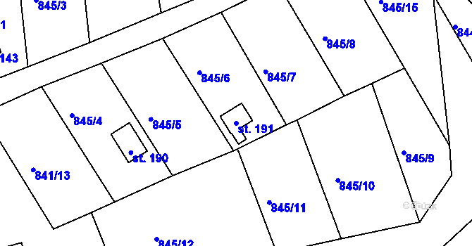 Parcela st. 191 v KÚ Mořičov, Katastrální mapa