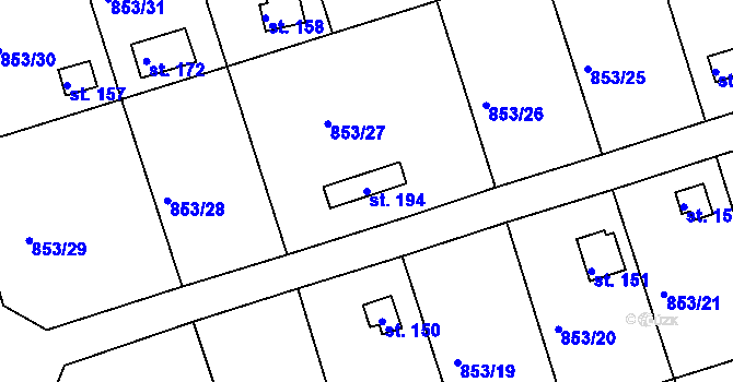 Parcela st. 194 v KÚ Mořičov, Katastrální mapa