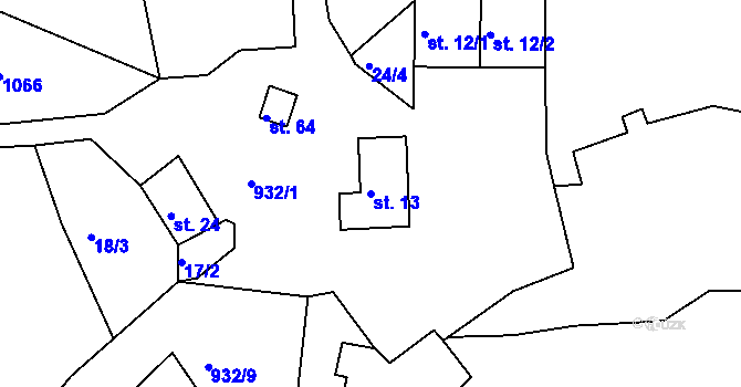 Parcela st. 13 v KÚ Mořičov, Katastrální mapa
