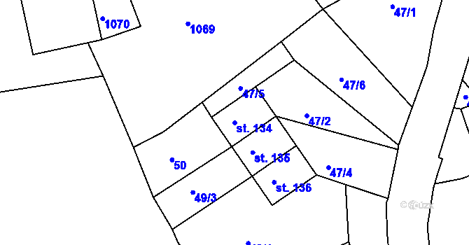 Parcela st. 134 v KÚ Mořičov, Katastrální mapa